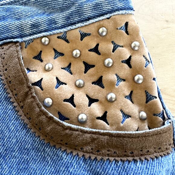 VTG Opal By Lorraine Wardy High Waisted Jeans Floral Leather Cotton Pocket 12 32 - Picture 2 of 5